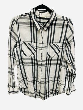 Lucky Brand black white plaid button down blouse double front pockets Size M